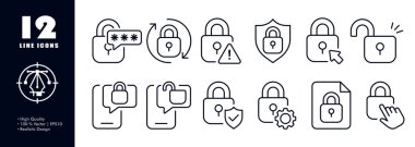 Protect private data set icon. Lock, password, keyword, arrow, renew, sync, shield, unlock, warning, backup, security system, gear, access settings file. Privacy concept. Vector line icon for Business