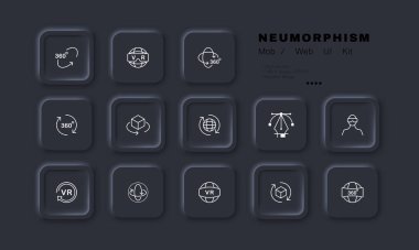 Virtual reality set icon. 360 degrees, viewing angle, 3d, three dimensional cube, vr glasses, gamer, circular arrows, panorama, helmet. Metaverse concept. Neomorphism. Vector line icon for Business.