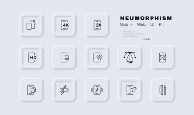 Phone technologies set icon. 4K, 2X speed, HD video, memory card, color scheme, navigator, sim cards, battury charge, screen stylus. Apps concept. Neomorphism style. Vector line icon for Business.