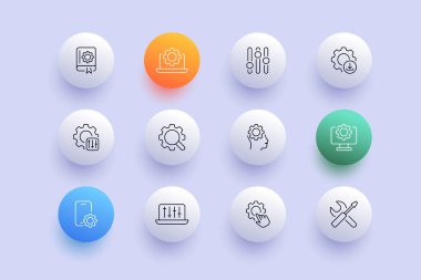 Settings with gears set icon. Book, instruction, laptop, contor anel, sliders, download, magnifier, head, phone, computer, screwdriver, wrench. Technology concept. Neomorphism style. Vector line icon.