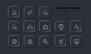 Water set icon. Drop, checkmark, magnifier, arrows, evaporation, no water, swimming pool, ladder, drinking glass, straw, drink, computer, clean. Ecology concept. Neomorphism style. Vector line icon.