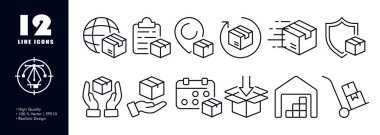 Delivery set icon. Deliver parcels, worldwide shipping, invoice, destination, fast, shield, protection, courier, calendar, date, storage, shopping. Logistics concept. Vector line icon for Business.