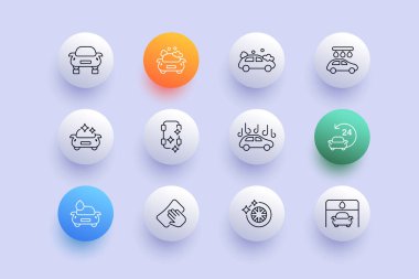 Car wash set icon. Viewing hole, clean, cleaning, foam, water drops, stars, shine, around the clock, wipe, sponge, wheel, tire. Service concept. Neomorphism style. Vector line icon for Business.