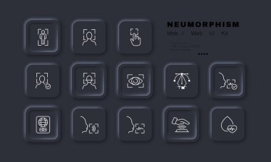 Biometry set icon. Scan, scanner, face id, fingerprint, recognize, eye, iris, voice recognition, unlock, input, international passport, hand, pulse. Privacy concept. Neomorphism. Vector line icon.