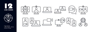 Online conference set icon. Internet, remote work, computer, laptop, camera, phone, worldwide, education, lecture, briefing. Communication concept. Vector line icon for Business and Advertising.