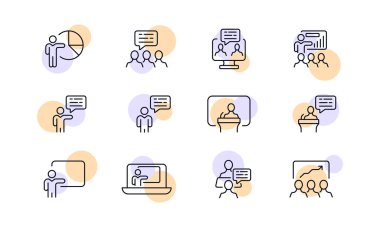 Presentation set icon. Give a speech, workflow, lecture, lecturer, tribune, remote work, distance learning, online conference, strategy, analytics, pie chart. Business concept. Vector line icon.