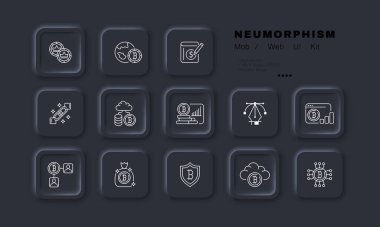 Cryptocurrency set icon. Blockchain, worldwide, bookkeeping, cloud storage, database, website, money bag, protection of money transactions. Financial management concept. Neomorphism. Vector line icon.