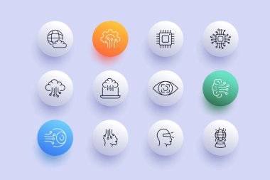 Technology of the future set icon. Chipping, 5g, cloud storage, electronic chip, neural network, control with eyes, sync, synchronization, vr glasses. Metaverse concept. Neomorphism. Vector line icon.