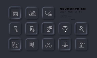 Medicines set icon. Pharmacy signboard, pill schedule, heart, calendar, magnifier, glass of water, effervescent tablet, leaf, hospital, prescription. Healthcare concept. Neomorphism. Vector line icon.