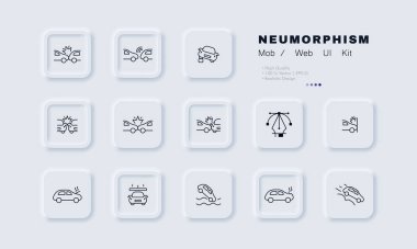 Car accidents set icon. Fall from cliff, overheating, fall into water, falling concrete slab, crash into wall, collision, explosion, keep distance. Road traffic concept. Neomorphism. Vector line icon.