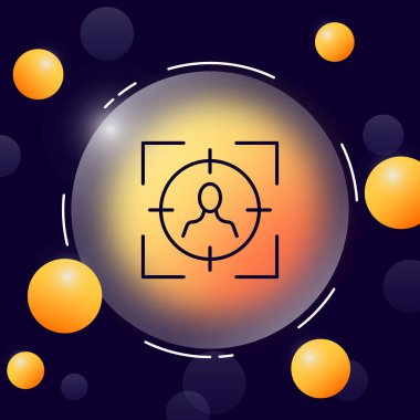 Target audience line icon. Man at gunpoint, aim, make content, client base, strategy, attract customers, marketing, targeting. Business concept. Glassmorphism style. Vector line icon for Advertising.
