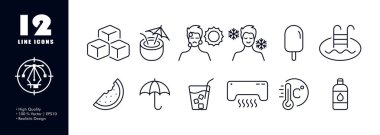 Summer heat set icon. Ice cubes, cocktail, hot, sweat, cool, sun, snowflake, ice cream, pool, watermelon, umbrella, cold drink, air conditioner, temperature, water. Climate concept. Vector line icon.