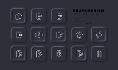 Phone apps set icon. Smart home system, 4K, 2X, HD, lightning, battery charge, memory card, color scheme, navigator, SIM card, stylus. Technology concept. Neomorphism. Vector line icon for Business.