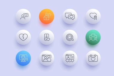Long distance relationship set icon. Meeting website, dating app, texting, love, like button, broken heart, phone, couple, date, personal profile. Feelings concept. Neomorphism style. Vector line icon