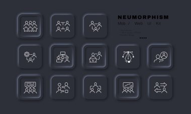 Teamwork set icon. Work in office, distribute tasks, hierarchy, employees, stars, rating, workflow, remote, briefing, strategy. Business concept. Neomorphism style. Vector line icon for Advertising.