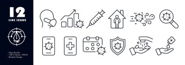 Protection from viruses set icon. Man in protective mask, increased incidence of increase in incidence, syringe, quarantine, airborne route of spread, wash hands. Healthcare concept. Vector line icon.