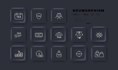 Taxes set icon. Time to pay, payment schedule, dollar bill, umbrella, discount, transparent, percent, money bag, protection. Financial management concept. Neomorphism. Vector line icon for Business.