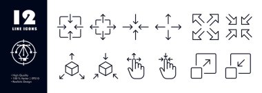 Zoom in and out arrows set icon. Maximize, minimize, scale, increase, decrease, three dimensional cube, view, hand, move, control, gesture, expand. Technology concept. Vector line icon for Business.