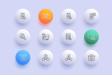 Medicines set icon. Jar, pill schedule, prescription, magnifier, effervescent tablet, blister, heart, cardiology, pharmacy, herbal, hospital. Healthcare concept. Neomorphism style. Vector line icon.