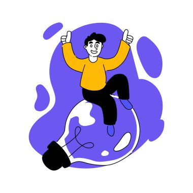 Vector drawn illustration of man sitting on light bulb. Creative occupation, solve problems, idea, thought, invention, innovation, thinking, jigsaw. Creativity concept. Flat drawing style EPS10.