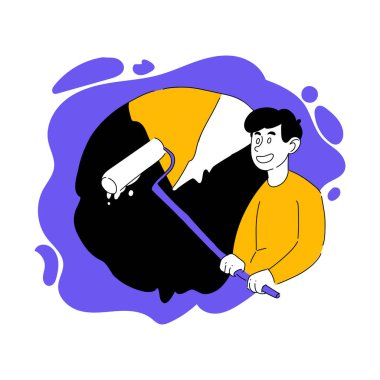 Vector drawn illustration of man with pie chart. Paint roller, draw diagram, infographics, presentation, visual aid, data, painter, marketing, achievement. Statistics concept. Flat drawing style EPS10