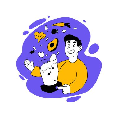 Vector illustration of man with food processor. Household appliances, chop vegetables in a blender, vegetarian, carrot, broccoli, avocado, smoothies, cooking. Kitchen concept. Flat drawing style EPS10