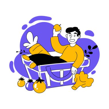 Vector illustration of man in a shopping cart with vegetables. Buy food, purchase, vegetarian, tomato, carrot, apple, broccoli, green, cooking, healthy. Grocery store concept. Flat drawing style EPS10