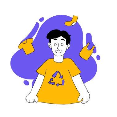 Vector drawn illustration of man in a t shirt with recycle arrows. Secondary raw materials, biodegradable, recycling, sock, singlet, zero waste, clothes. Ecology concept. Flat drawing style EPS10.