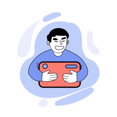 Vektör, banka kartıyla gülümseyen adamın resimlerini çizdi. Bankacılık, nakit ödeme, nakit, para, maaş, gelir, harcama, vergi, iş. Finansal yönetim kavramı. Mavi ve pembe renkler