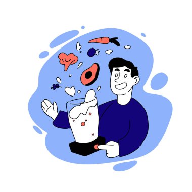 Yiyecek işlemcisi olan bir adamın vektör çizimi. Ev aletleri, blender, vejetaryen, havuç, brokoli, avokado, smoothie, yemek. Mutfak konsepti. Mavi, pembe pastel renkler