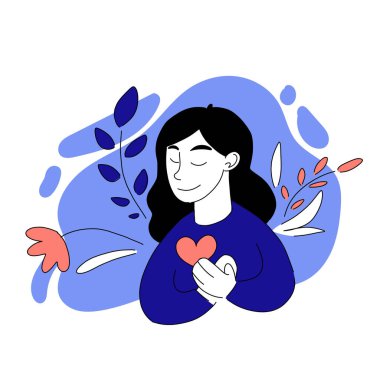 Minnettar kızın vektör çizimi. Dua eden kadın, dua, kalp, destek, minnettarlık, meditasyon, meditasyon, ruhsal tedavi, ruh sağlığı psikoterapisi. Farkındalık kavramı. Mavi, pembe pastel renkler