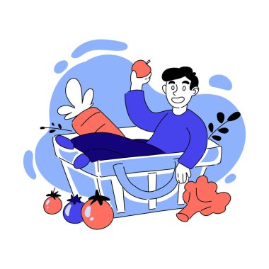 Sebzeli alışveriş arabasındaki bir adamın vektör çizimi. Yiyecek, alışveriş, vejetaryen, domates, havuç, elma, brokoli, yeşil, pişirme, sağlıklı. Market konsepti. Mavi, pembe pastel renkler