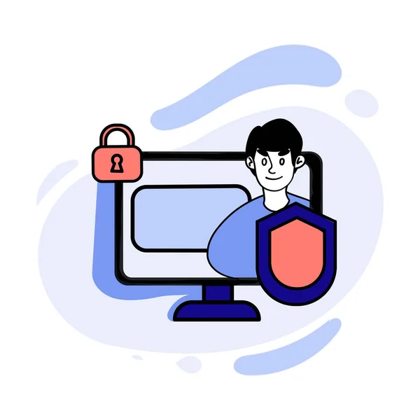 Vektorové Kreslené Ilustrace Bezpečnostního Systému Počítače Monitor Zámek Muž Štítem — Stockový vektor