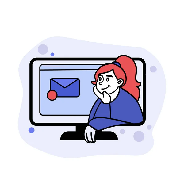 Illustration Vectorielle Dessinée Fille Avec Email Ordinateur Femme Lettre Enveloppe — Image vectorielle