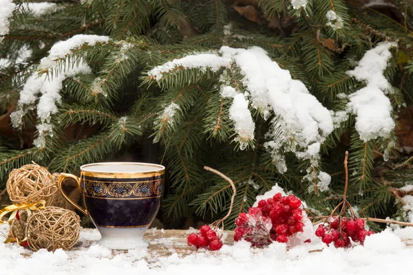 Tea Cup Blackboard Snow — Stock Photo, Image