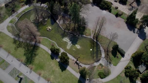 在Olomouc公园 有一个池塘 水面上反射着春天的太阳 喷泉和沐浴鸭 人行道上的绿树成荫 绿树成荫 灌木丛生 捷克共和国 无人机视图 — 图库视频影像