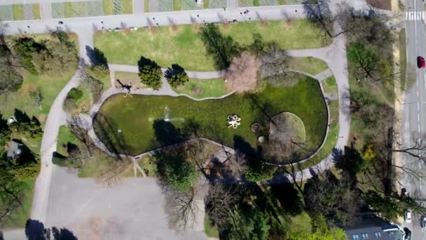 在捷克共和国的一个阳光明媚的春日 奥洛穆茨市的一个公园里 有一只水鸟和一只章鱼雕像 空中俯瞰着一个小湖泊 — 图库视频影像