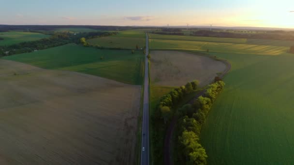 Vista Aérea Sobre Carros Passando Paisagem Rural Com Campos Natureza — Vídeo de Stock