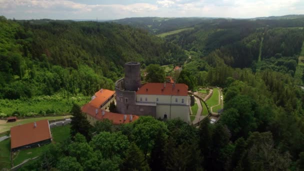 Aerial Drone Orbits Top View Historic European Castle Svojanov Green — 비디오