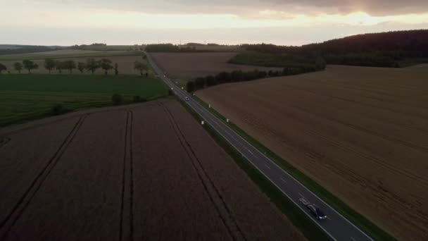 Flygfoto Bilar Passerar Landsbygden Asfalterad Väg Med Ett Vackert Landskap — Stockvideo
