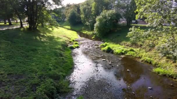Sebuah Sungai Mengalir Melalui Taman Kota Olomouc Hari Yang Tenang — Stok Video
