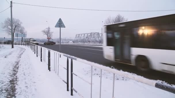 Winter Dunkle Tageszeit Graues Wetter Schnee Herum Lastwagenfahrer Fahren Die — Stockvideo