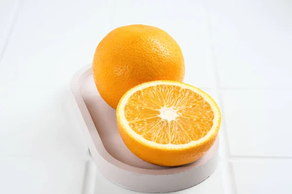 Fresh Ripe Sunkist Oranges Fruits Served Rattan Basket Close Copy — Stock Photo, Image