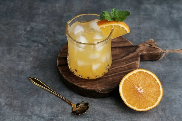 Orange Juice Glass Mint Fresh Fruits Wooden Board Selective Focus — Stock Photo, Image