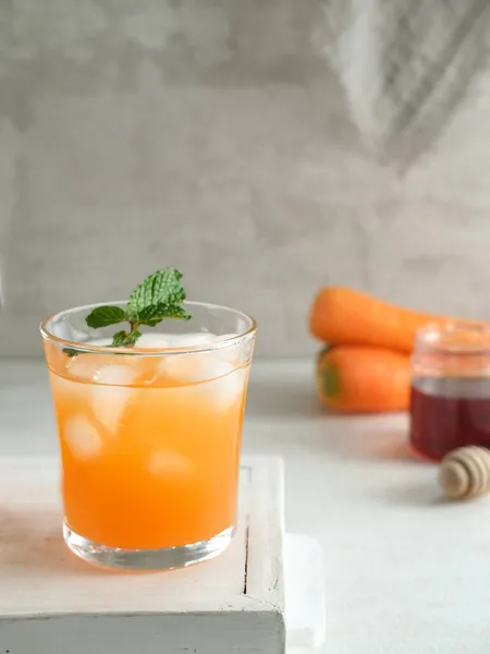 Glass Fresh Carrot Juice Very Good Health Blurred Background Selective — Stock Photo, Image