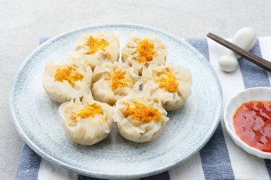 Lezzetli Dim Sum, tabakta servis edilen ev yapımı Çin mantısı, sos ve çubukla. Gri arkaplanda izole edilmiş, kapat.