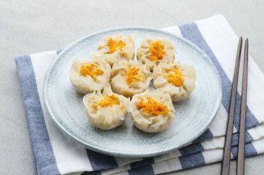 Lezzetli Dim Sum, tabakta servis edilen ev yapımı Çin mantısı, sos ve çubukla. Gri arkaplanda izole edilmiş, kapat.