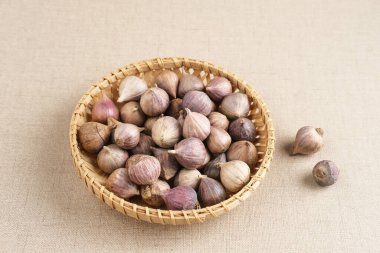 Tek yonca sarımsak veya inci sarımsak veya tek sarımsak (Bawang putih tunggal) çeşidi Allium sativum. Küçük kasede servis edilir, seçici odak resmi, kopyalama alanı.