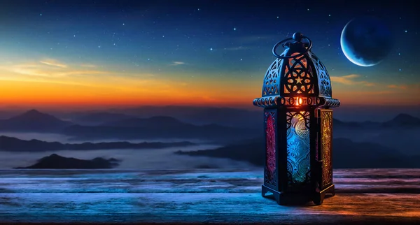 Ornamental Arabic Lantern Wooden Table Ramadan Kareem Background — 스톡 사진