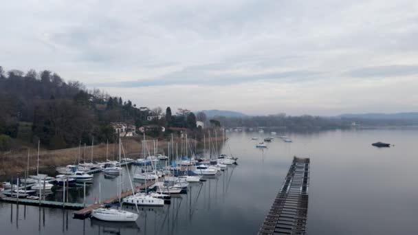 Aerial Drone Panorama Port Monvalle Lake Maggiore Italy — Video